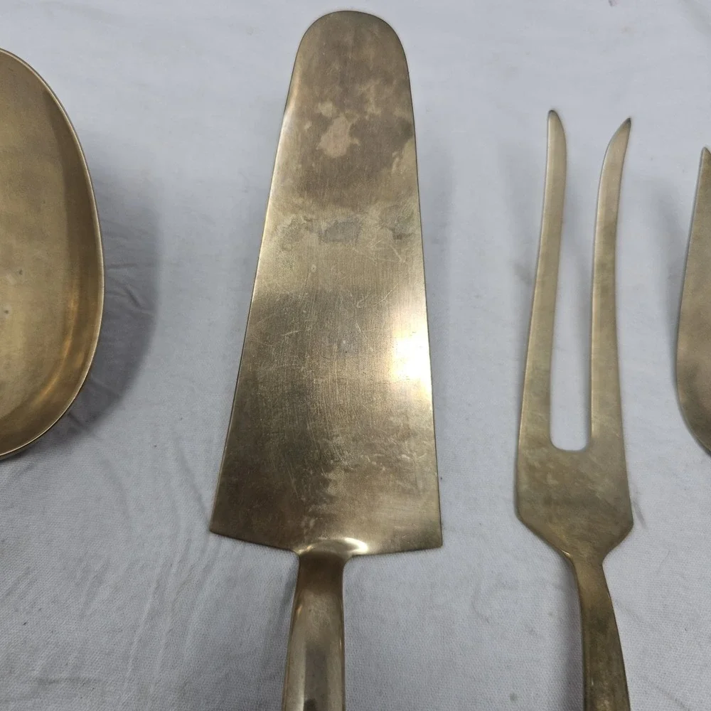Vtg  Siam Thailand Brass  serving Fork & 2  Spoon, Pie Servire, Meat Server‎